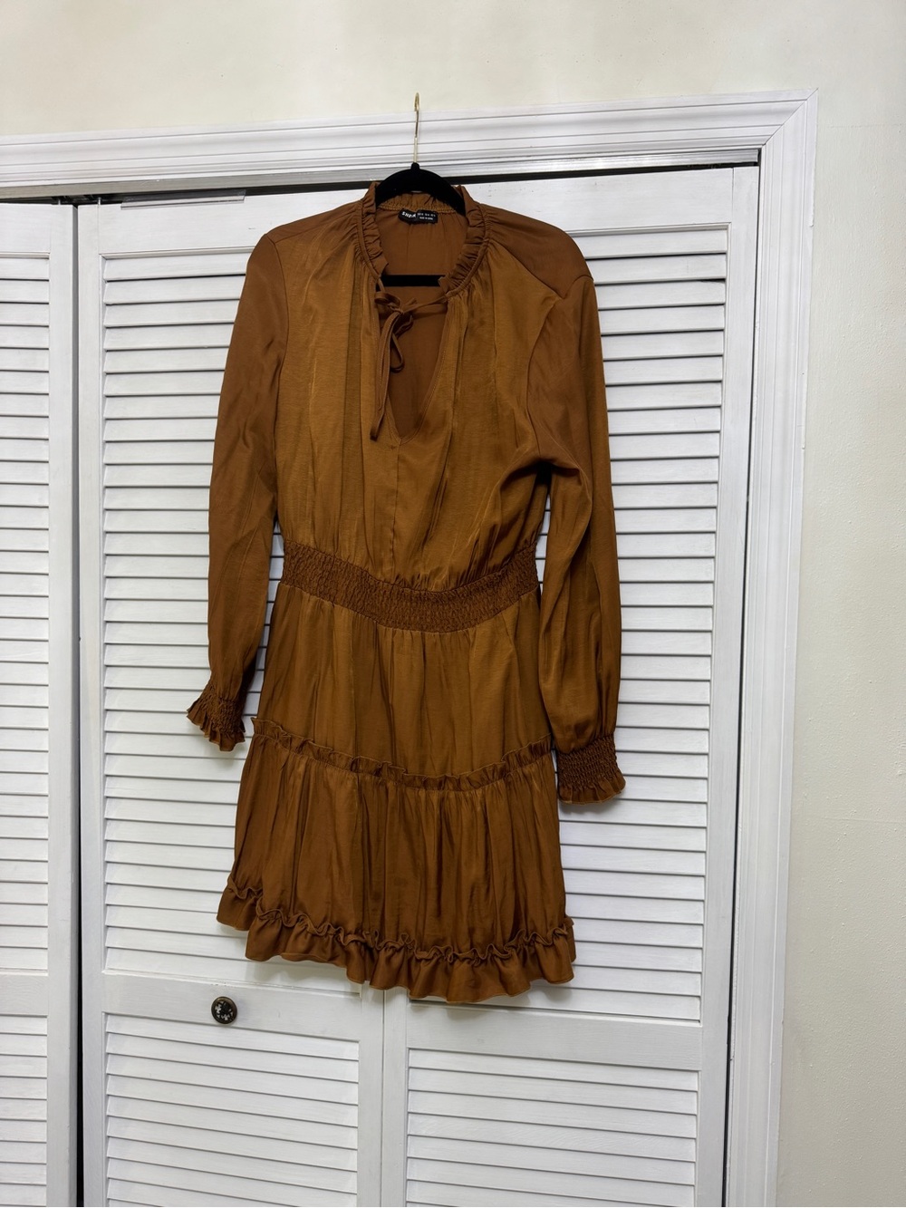 SHEIN Rust Brown Long-Sleeve Smocked Waist Ruffled Dress